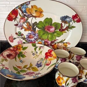 Mackenzie Childs White Flower Market Oval Platter, 4 Mugs and Bowl